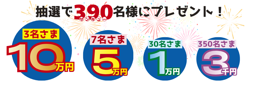 商品概要 3名様10万円、7名様5万円、30名様1万円、350名様3千円