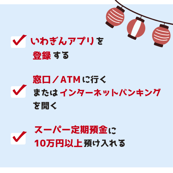 期間中、いわぎんアプリを登録済または新規登録のお客さまで、窓口またはATM・ソラ支店を含むインターネットバンキング（ホームページまたはアプリ）で自動継続式スーパー定期預金（期間1年間）を10万円以上新規お預入れされた方の中から、抽選で390名さまに現金をプレゼント！