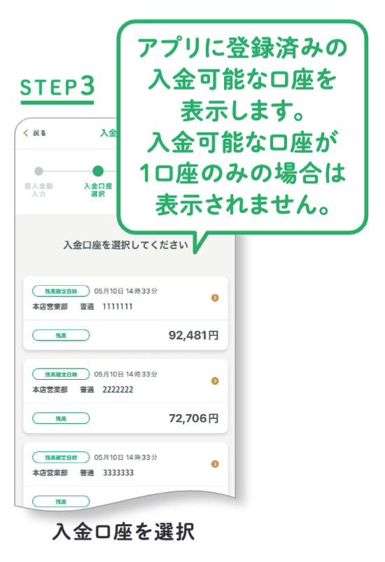 STEP3 入金口座を選択（アプリに登録済みの入金可能な口座を表示します。入金可能な口座が1口座のみの場合は表示されません。）